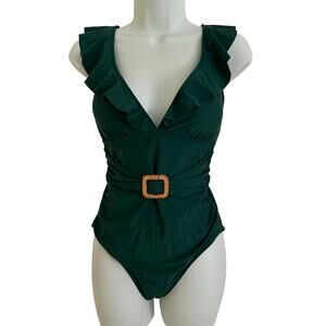 Women Green Ruffle One Piece Tummy Control V-Neck Padded Swimsuit Size M - NWOT